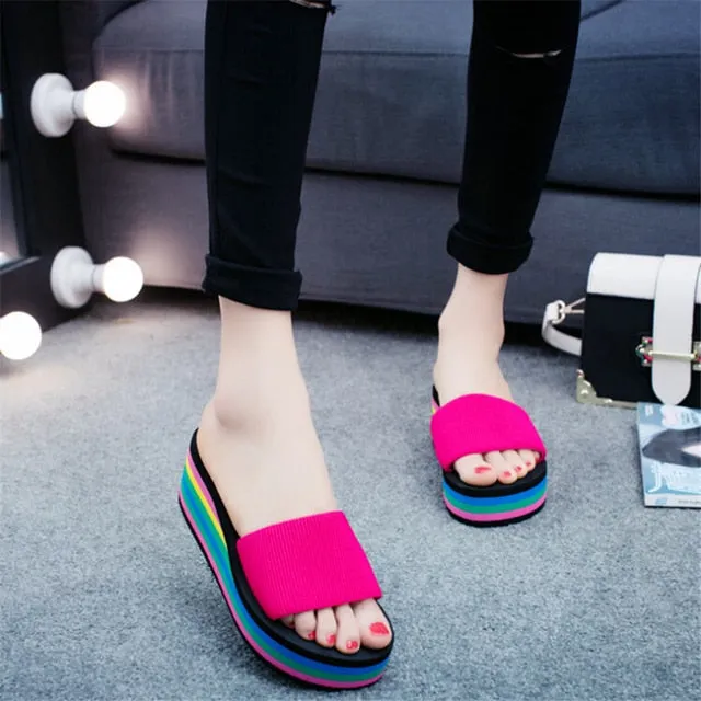 Women Rainbow Slippers High Heels Flip Flop Wedge Slippers, Summer 10CM Heels Platform Slippers, Flip Flops, Womens Slides