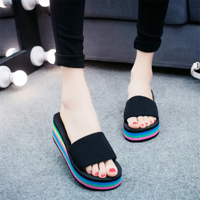 Women Rainbow Slippers High Heels Flip Flop Wedge Slippers, Summer 10CM Heels Platform Slippers, Flip Flops, Womens Slides