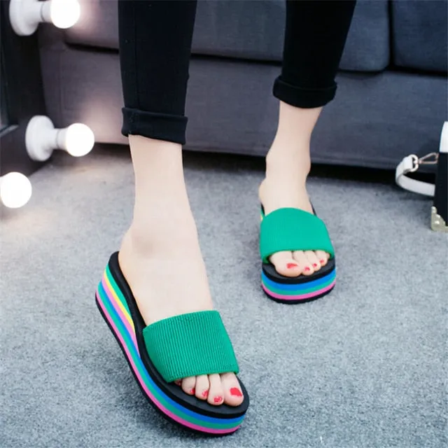 Women Rainbow Slippers High Heels Flip Flop Wedge Slippers, Summer 10CM Heels Platform Slippers, Flip Flops, Womens Slides