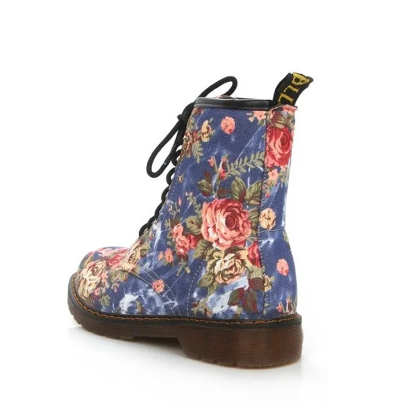 Women Retro Cowboy Floral Printing Flat Heel Platform Lace Up Ankle Boots