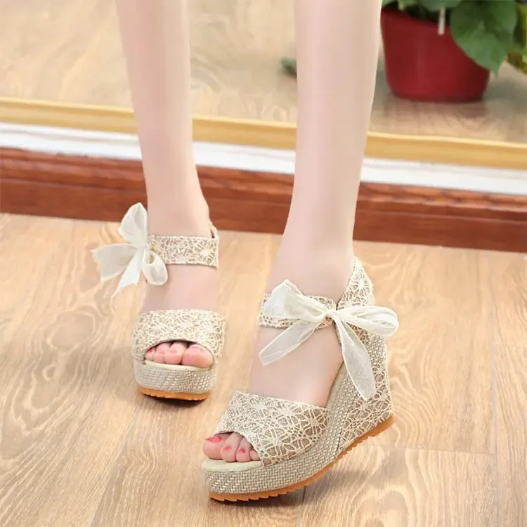 Women Summer Lace Sandals Solid Colors Peep Toe Fashion Elegant Wedge Heels Party Casual Pumps - WSD50240