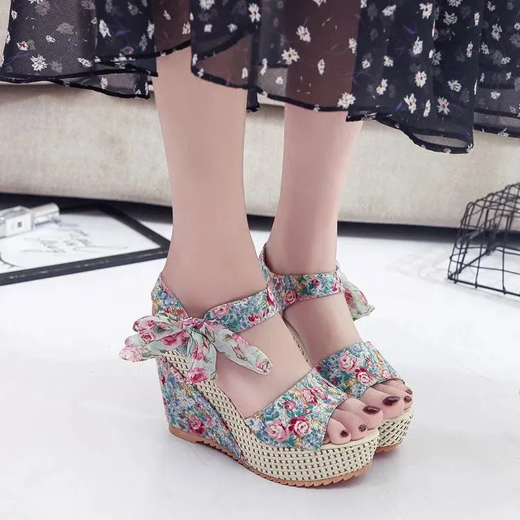 Women Summer Lace Sandals Solid Colors Peep Toe Fashion Elegant Wedge Heels Party Casual Pumps - WSD50240