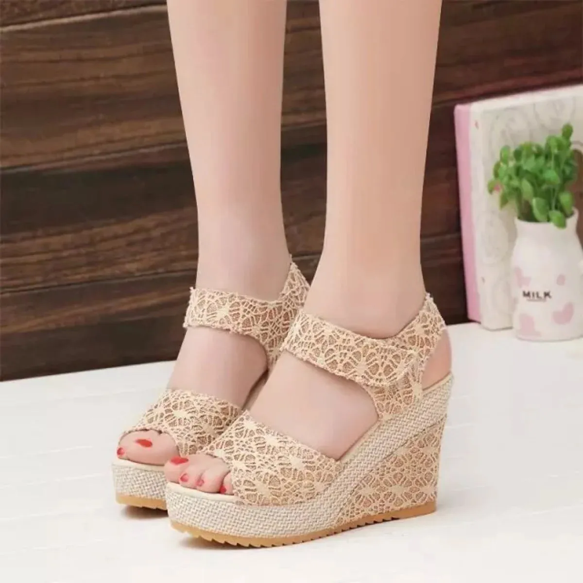 Women Summer Lace Sandals Solid Colors Peep Toe Fashion Elegant Wedge Heels Party Casual Pumps - WSD50240