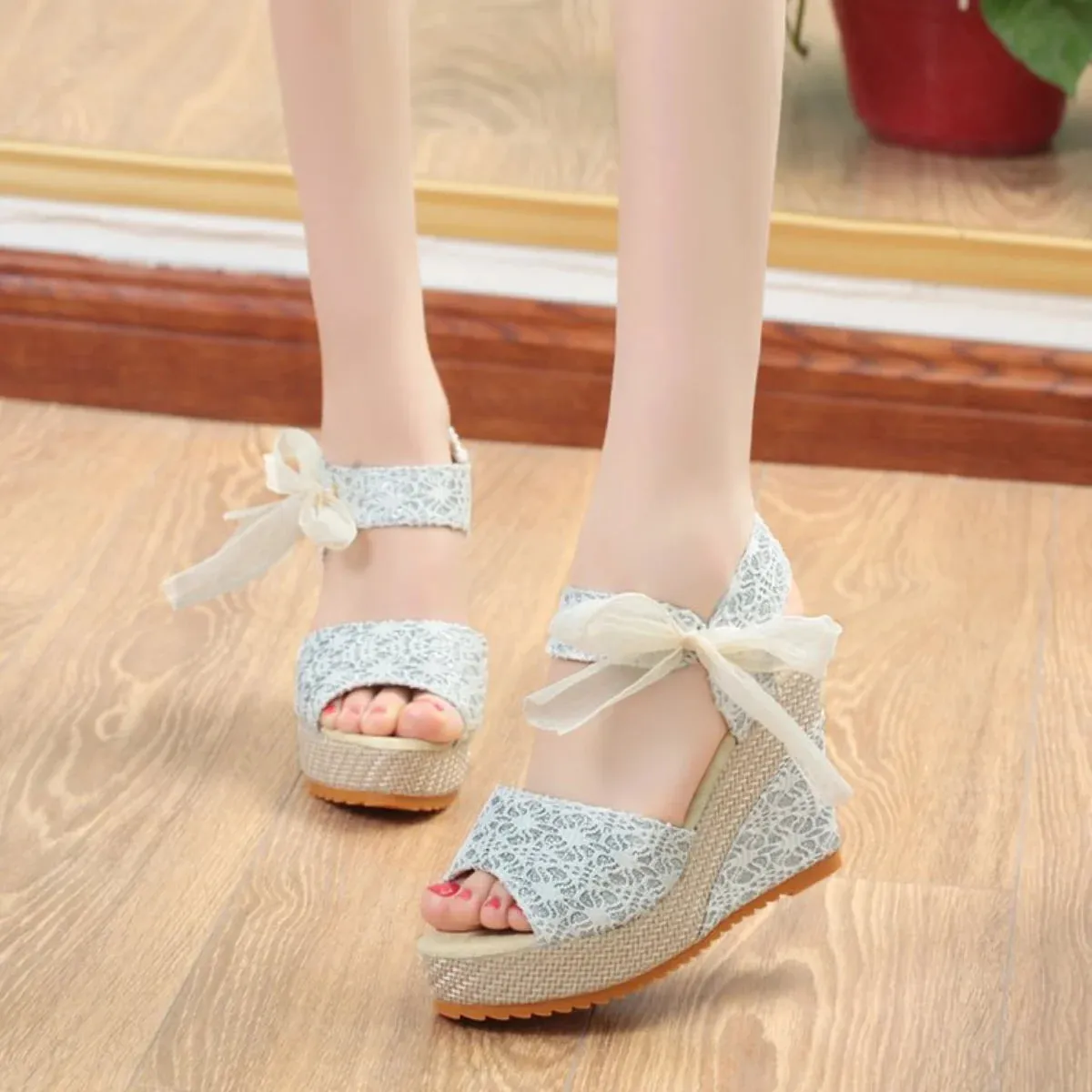 Women Summer Lace Sandals Solid Colors Peep Toe Fashion Elegant Wedge Heels Party Casual Pumps - WSD50240