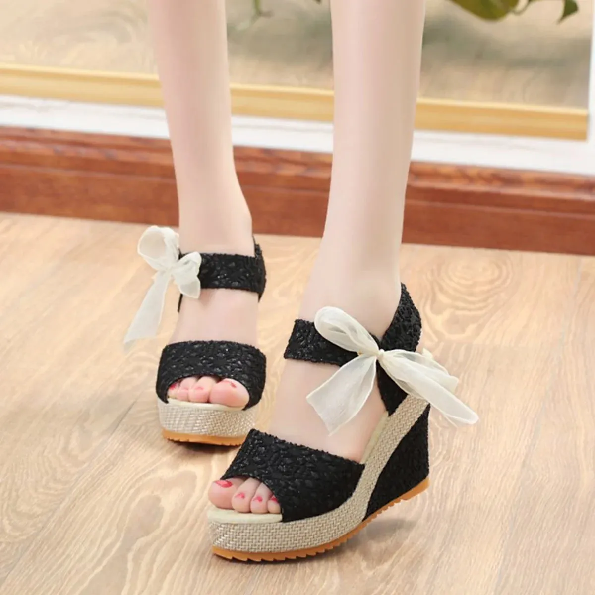 Women Summer Lace Sandals Solid Colors Peep Toe Fashion Elegant Wedge Heels Party Casual Pumps - WSD50240