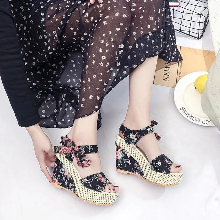 Women Summer Lace Sandals Solid Colors Peep Toe Fashion Elegant Wedge Heels Party Casual Pumps - WSD50240