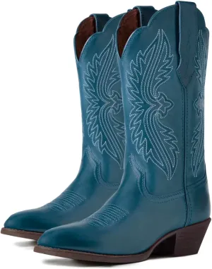 Women Vintage Embroidered Cowboy Boots Mid Calf Pointed Toe Knee High Western Boots Chunky Stacked Heel Pull On Mid Calf Cowgirl Boots V Cut Retro Casual Street Party 4-11 M US