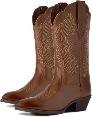 Women Vintage Embroidered Cowboy Boots Mid Calf Pointed Toe Knee High Western Boots Chunky Stacked Heel Pull On Mid Calf Cowgirl Boots V Cut Retro Casual Street Party 4-11 M US