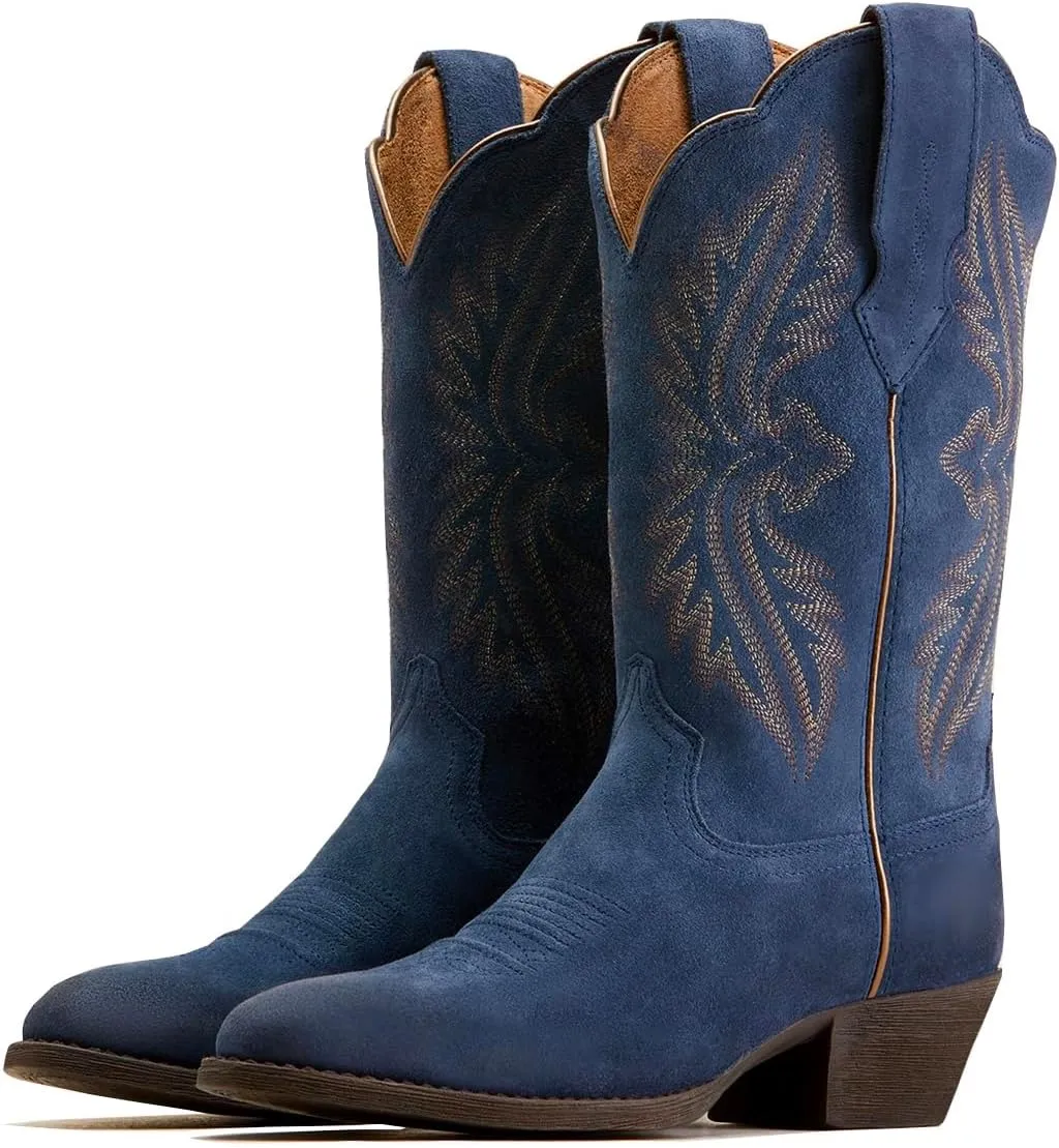 Women Vintage Embroidered Cowboy Boots Mid Calf Pointed Toe Knee High Western Boots Chunky Stacked Heel Pull On Mid Calf Cowgirl Boots V Cut Retro Casual Street Party 4-11 M US