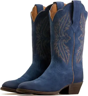 Women Vintage Embroidered Cowboy Boots Mid Calf Pointed Toe Knee High Western Boots Chunky Stacked Heel Pull On Mid Calf Cowgirl Boots V Cut Retro Casual Street Party 4-11 M US