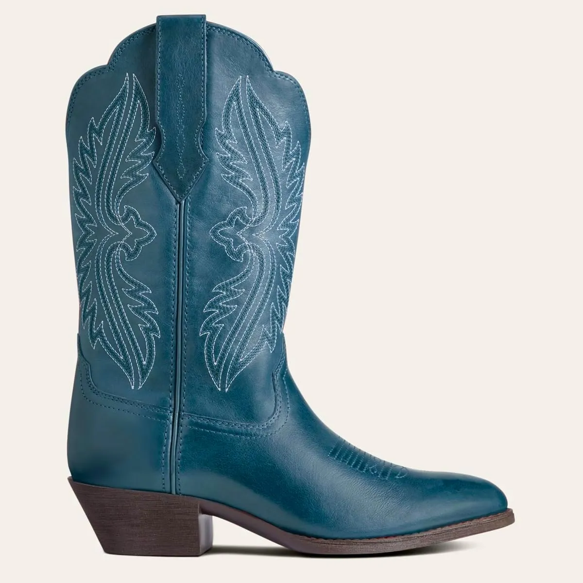 Women Vintage Embroidered Cowboy Boots Mid Calf Pointed Toe Knee High Western Boots Chunky Stacked Heel Pull On Mid Calf Cowgirl Boots V Cut Retro Casual Street Party 4-11 M US