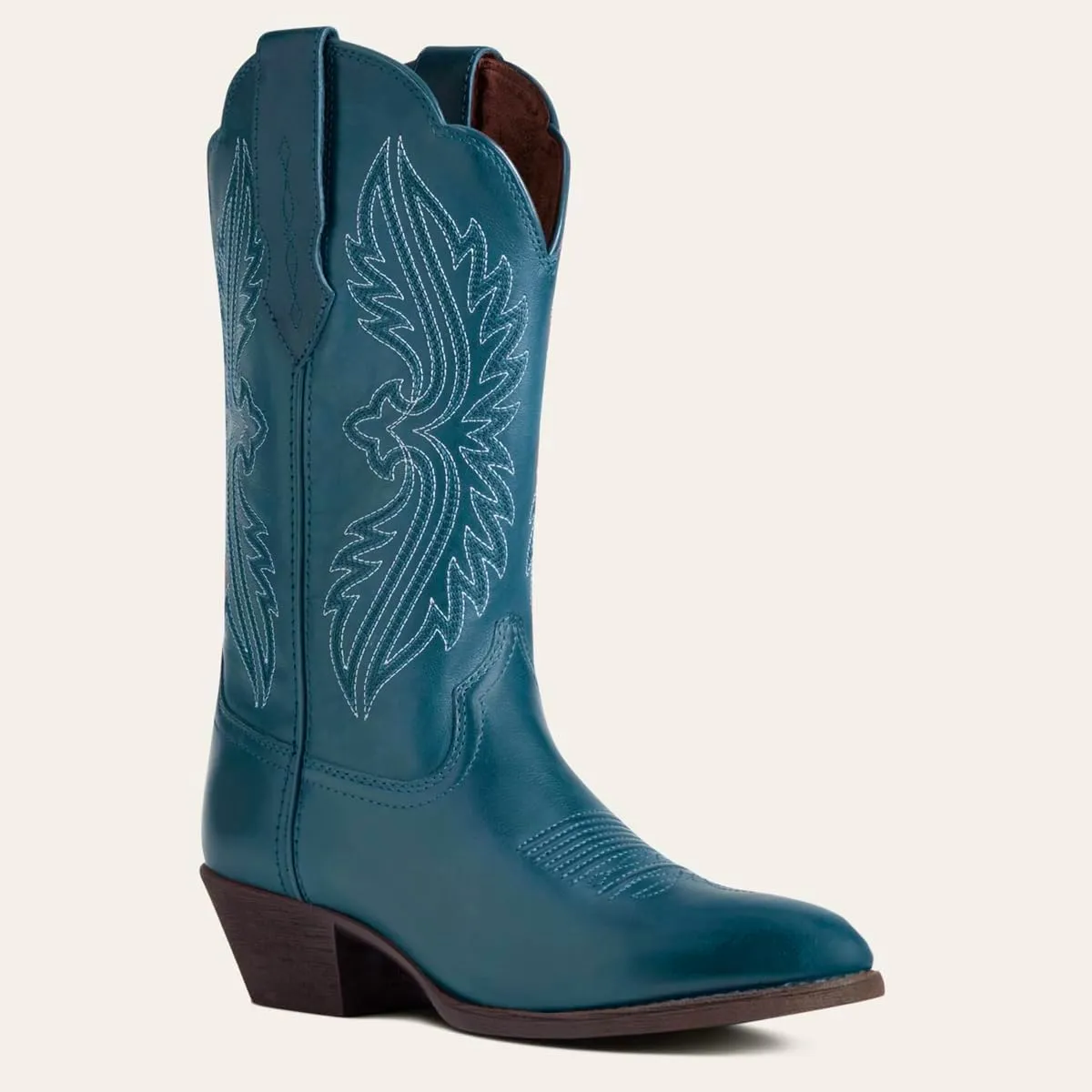 Women Vintage Embroidered Cowboy Boots Mid Calf Pointed Toe Knee High Western Boots Chunky Stacked Heel Pull On Mid Calf Cowgirl Boots V Cut Retro Casual Street Party 4-11 M US