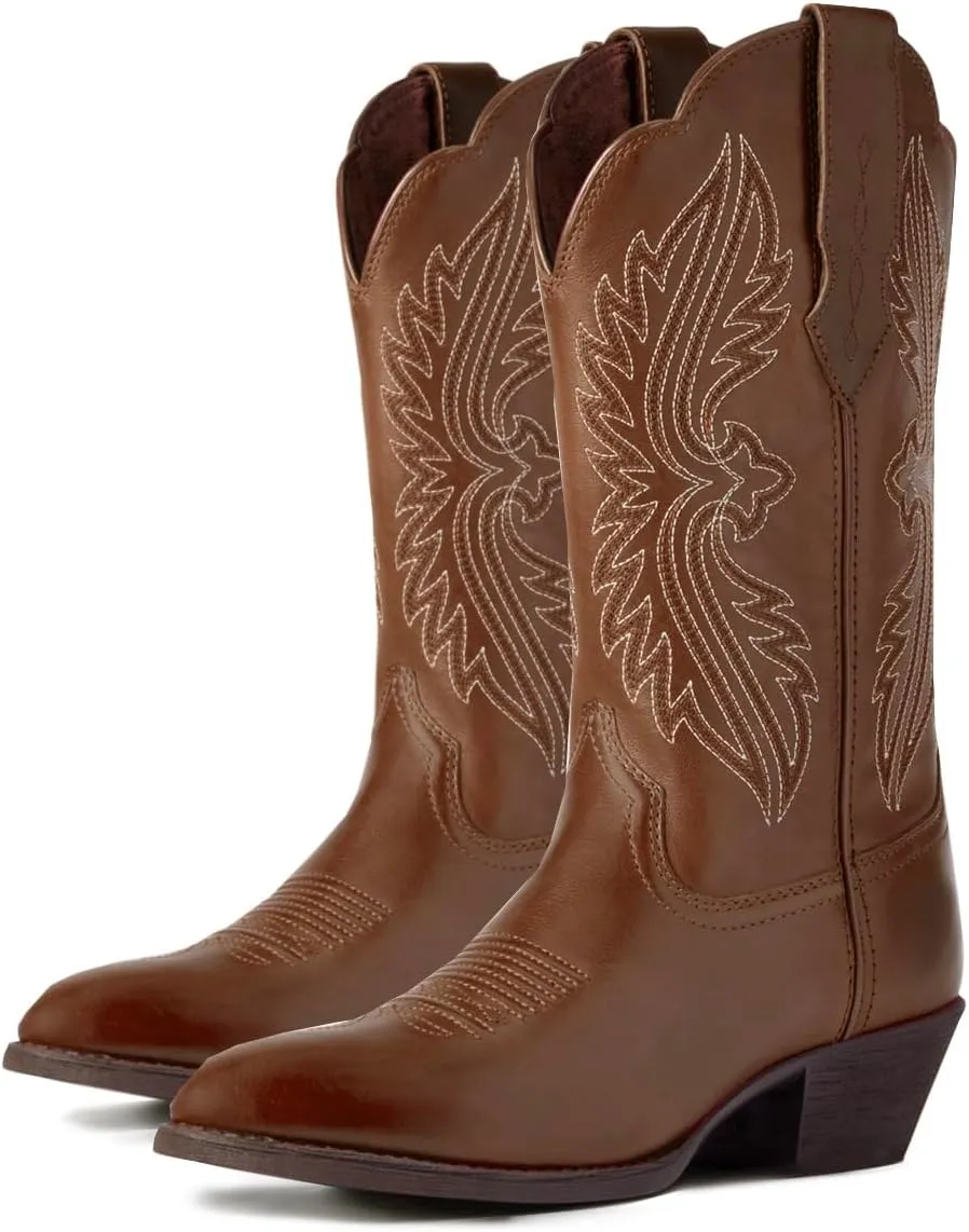 Women Vintage Embroidered Cowboy Boots Mid Calf Pointed Toe Knee High Western Boots Chunky Stacked Heel Pull On Mid Calf Cowgirl Boots V Cut Retro Casual Street Party 4-11 M US