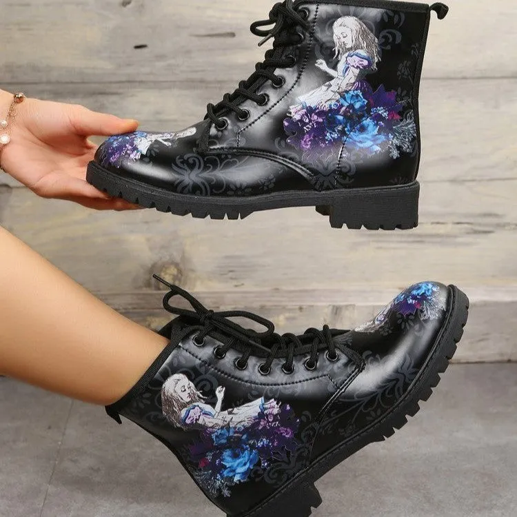 Women's black cartoon firgue printed ankle booties low heels combat boots lace-up