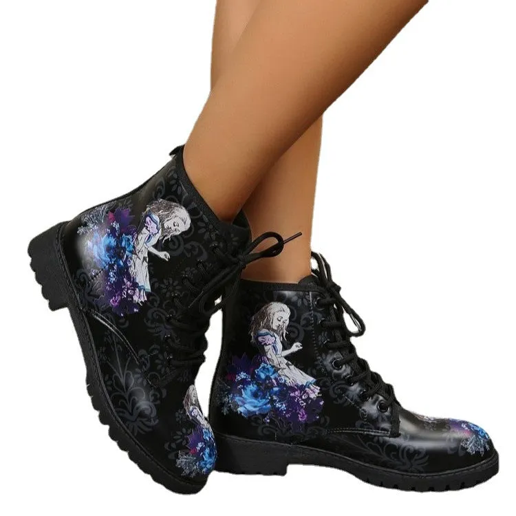 Women's black cartoon firgue printed ankle booties low heels combat boots lace-up