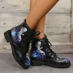 Women's black cartoon firgue printed ankle booties low heels combat boots lace-up
