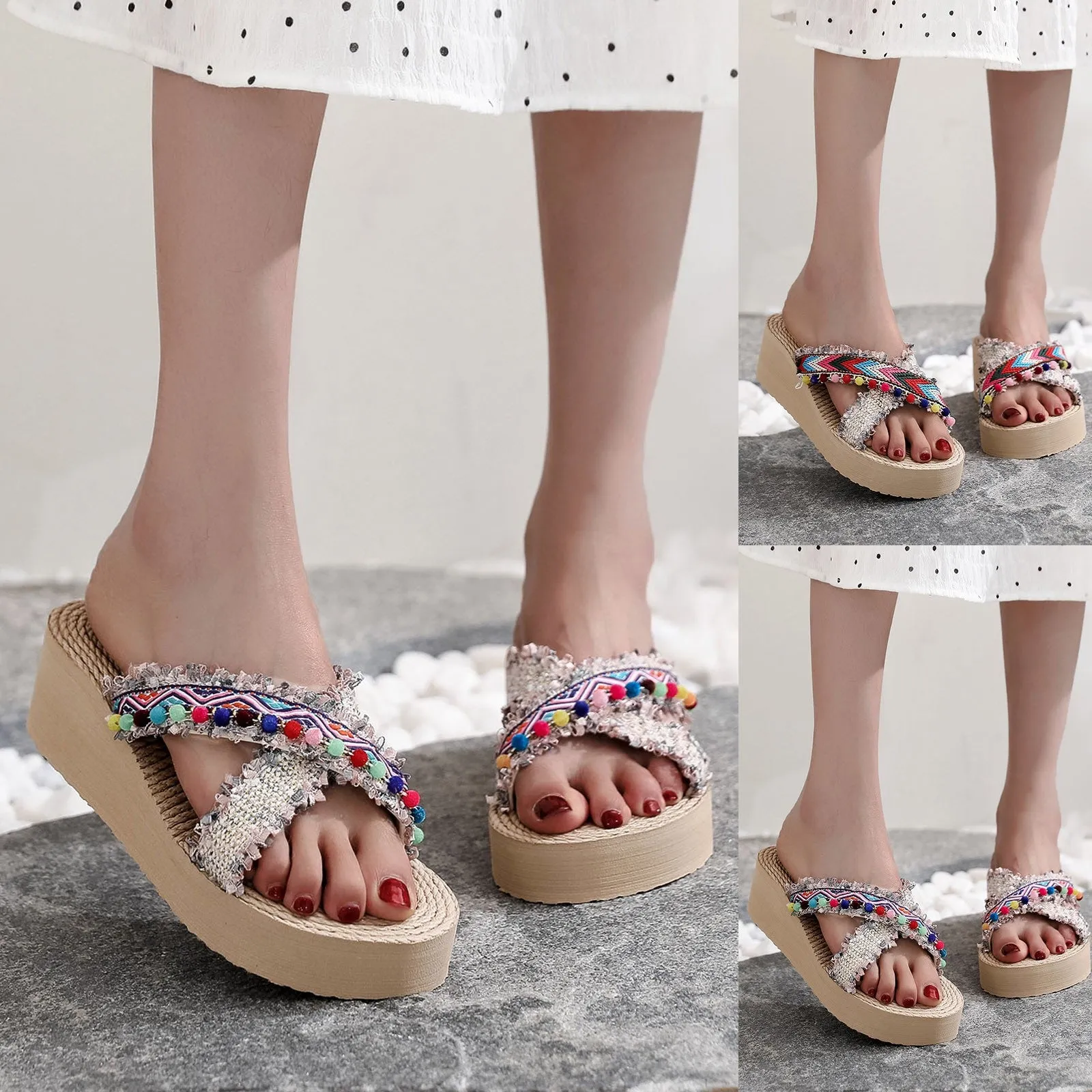 Women's Bohemia Beach Slippers Fashion Cloth Colorful Beads Slope Heel Thick-soled Slippers Summer Outdoor Slippers