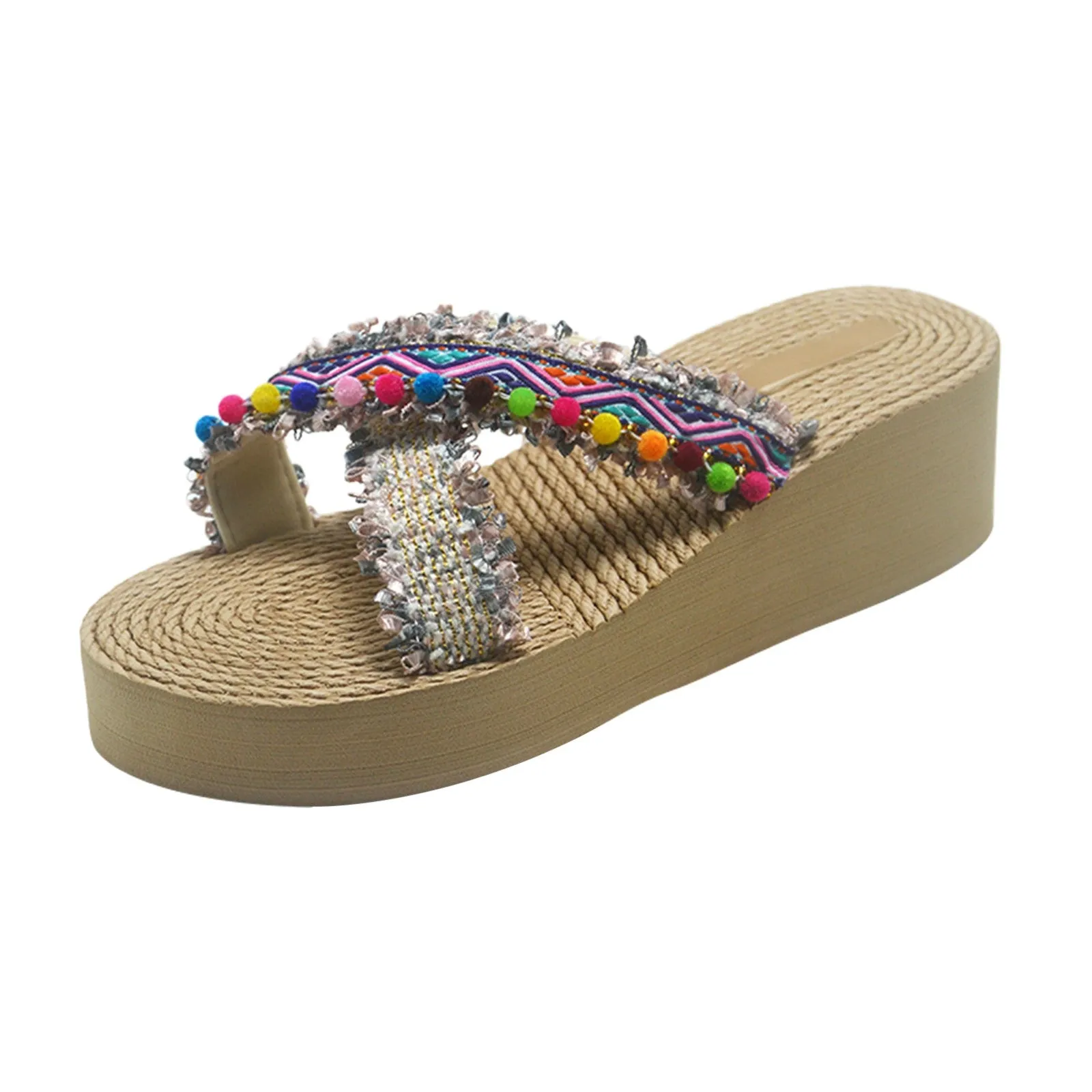 Women's Bohemia Beach Slippers Fashion Cloth Colorful Beads Slope Heel Thick-soled Slippers Summer Outdoor Slippers