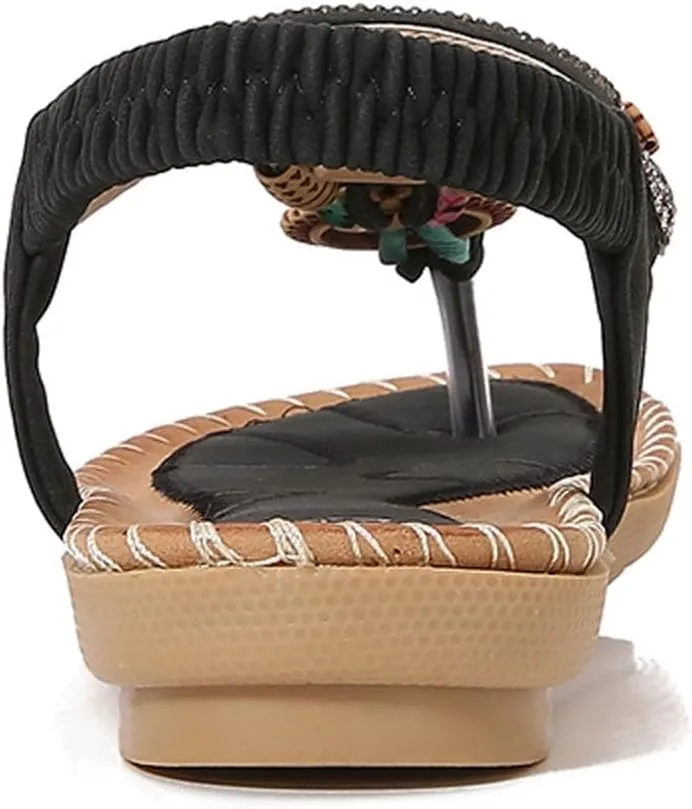 Women's Bohemian Beaded Flat Sandals Comfortable Summer Casual Dressy Ankle Strap Elastic Slip On Beach Shoes
