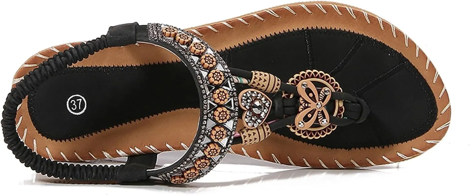 Women's Bohemian Beaded Flat Sandals Comfortable Summer Casual Dressy Ankle Strap Elastic Slip On Beach Shoes
