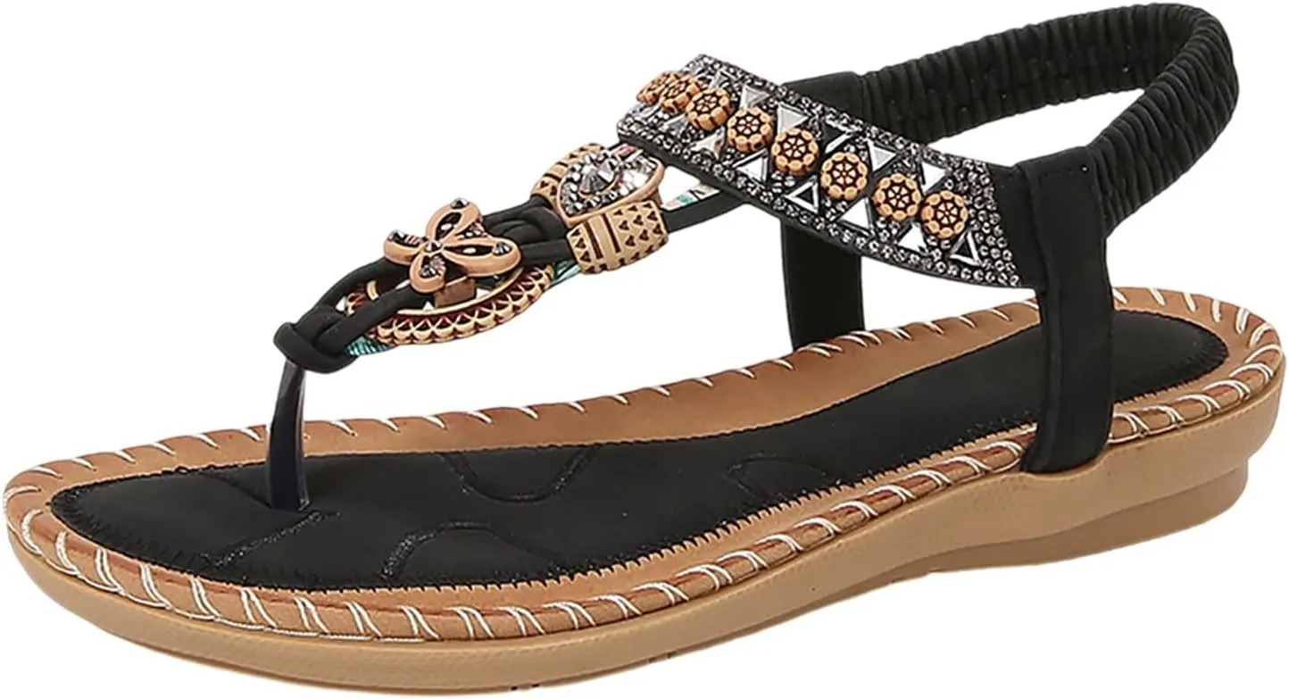 Women's Bohemian Beaded Flat Sandals Comfortable Summer Casual Dressy Ankle Strap Elastic Slip On Beach Shoes