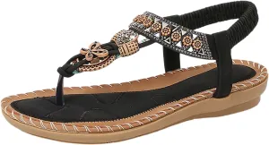 Women's Bohemian Beaded Flat Sandals Comfortable Summer Casual Dressy Ankle Strap Elastic Slip On Beach Shoes