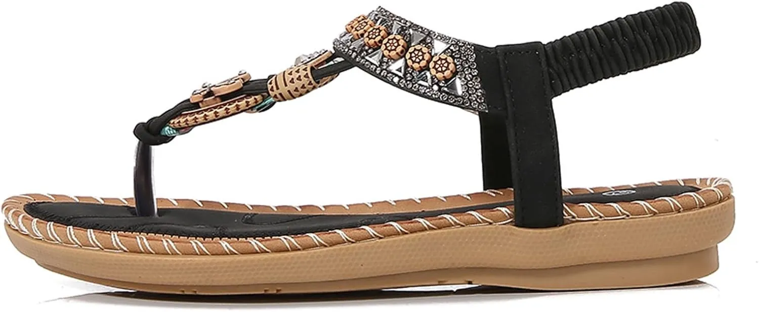 Women's Bohemian Beaded Flat Sandals Comfortable Summer Casual Dressy Ankle Strap Elastic Slip On Beach Shoes