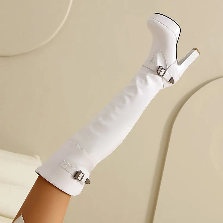Women's Buckle Strap Square Toe High Heel Platform Over the Knee Boots