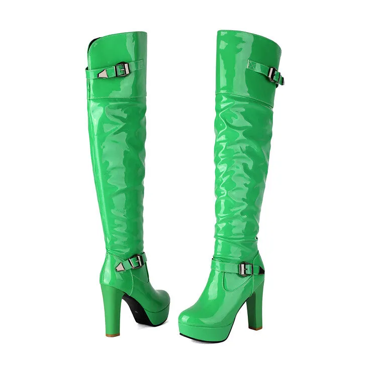 Women's Buckle Strap Square Toe High Heel Platform Over the Knee Boots