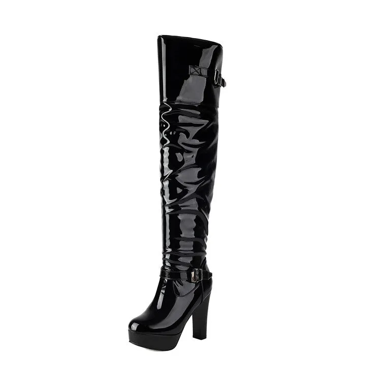 Women's Buckle Strap Square Toe High Heel Platform Over the Knee Boots