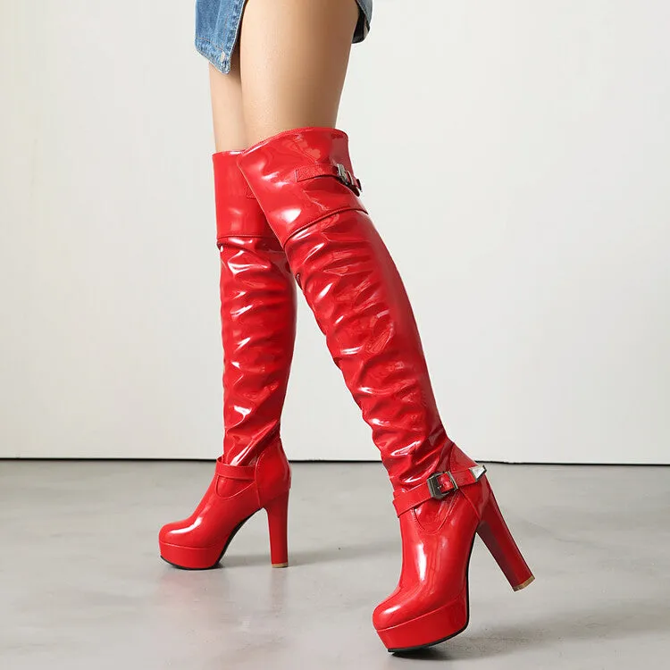 Women's Buckle Strap Square Toe High Heel Platform Over the Knee Boots