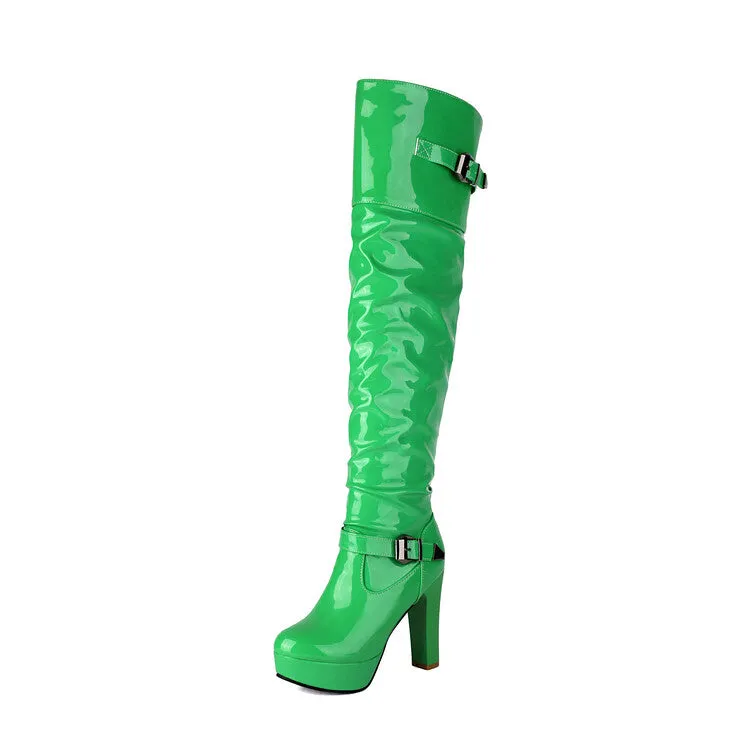 Women's Buckle Strap Square Toe High Heel Platform Over the Knee Boots