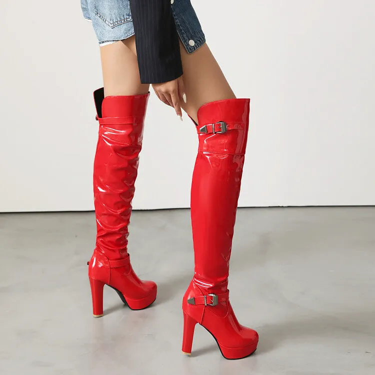 Women's Buckle Strap Square Toe High Heel Platform Over the Knee Boots