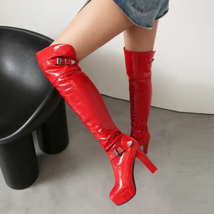 Women's Buckle Strap Square Toe High Heel Platform Over the Knee Boots