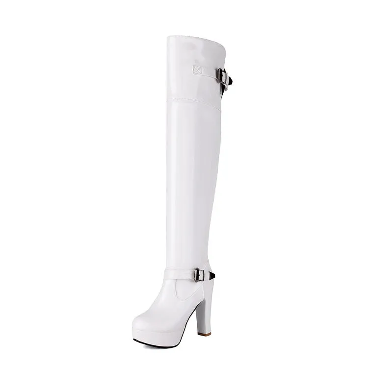 Women's Buckle Strap Square Toe High Heel Platform Over the Knee Boots