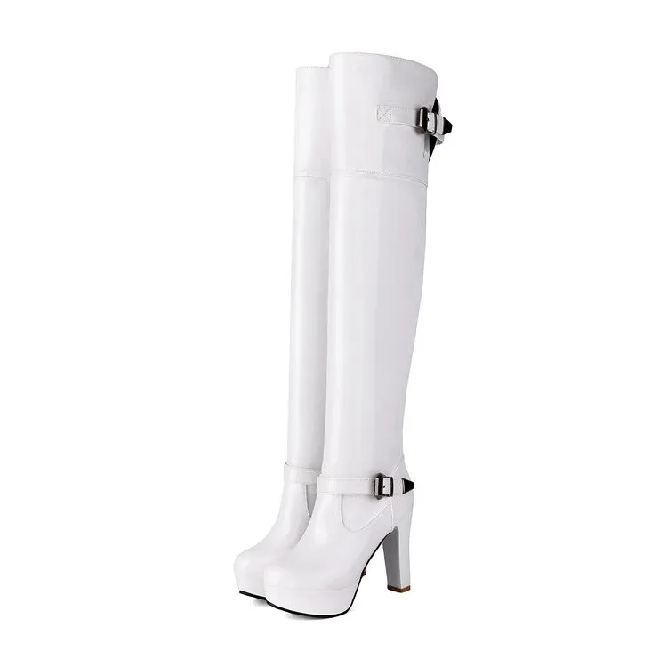 Women's Buckle Strap Square Toe High Heel Platform Over the Knee Boots