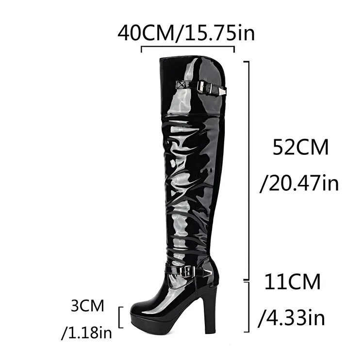 Women's Buckle Strap Square Toe High Heel Platform Over the Knee Boots
