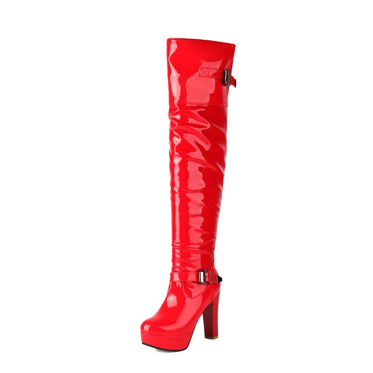 Women's Buckle Strap Square Toe High Heel Platform Over the Knee Boots