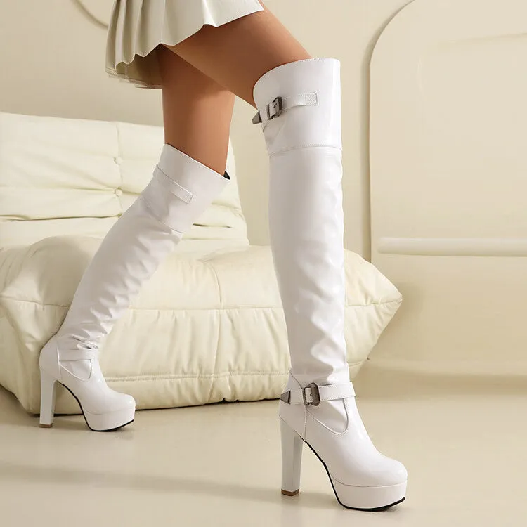 Women's Buckle Strap Square Toe High Heel Platform Over the Knee Boots