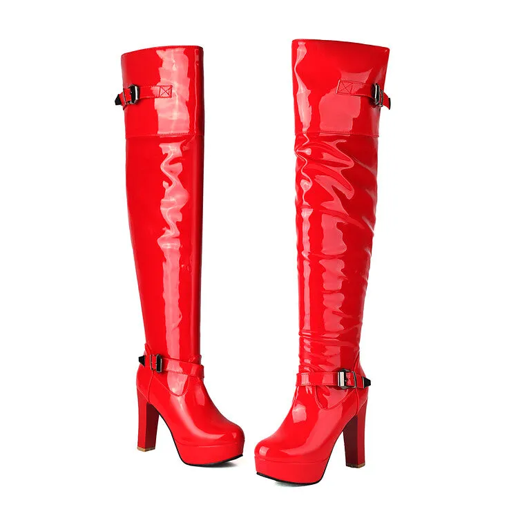 Women's Buckle Strap Square Toe High Heel Platform Over the Knee Boots