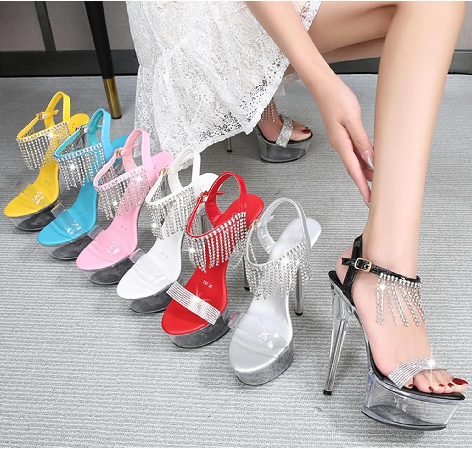 Womens Clear High Platform Ankle Strap High Heels Stiletto Dress Sandals
