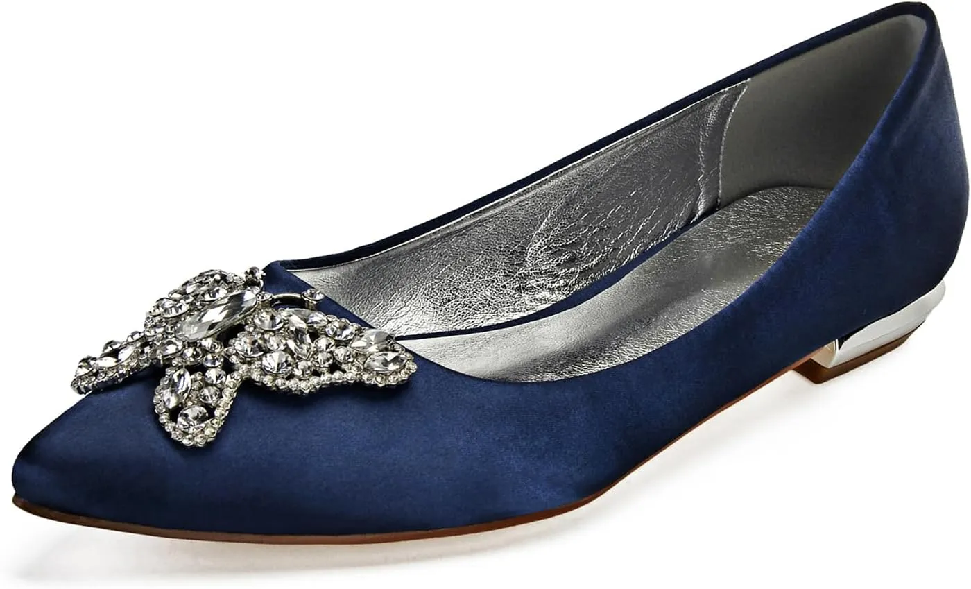Women's Closed Toe Satin Wedding Flats for Bridal Shoes Ballet Flats Evening Prom Party Bridal Dress Shoes Rhinestone Satin Wedding Dress Shoes