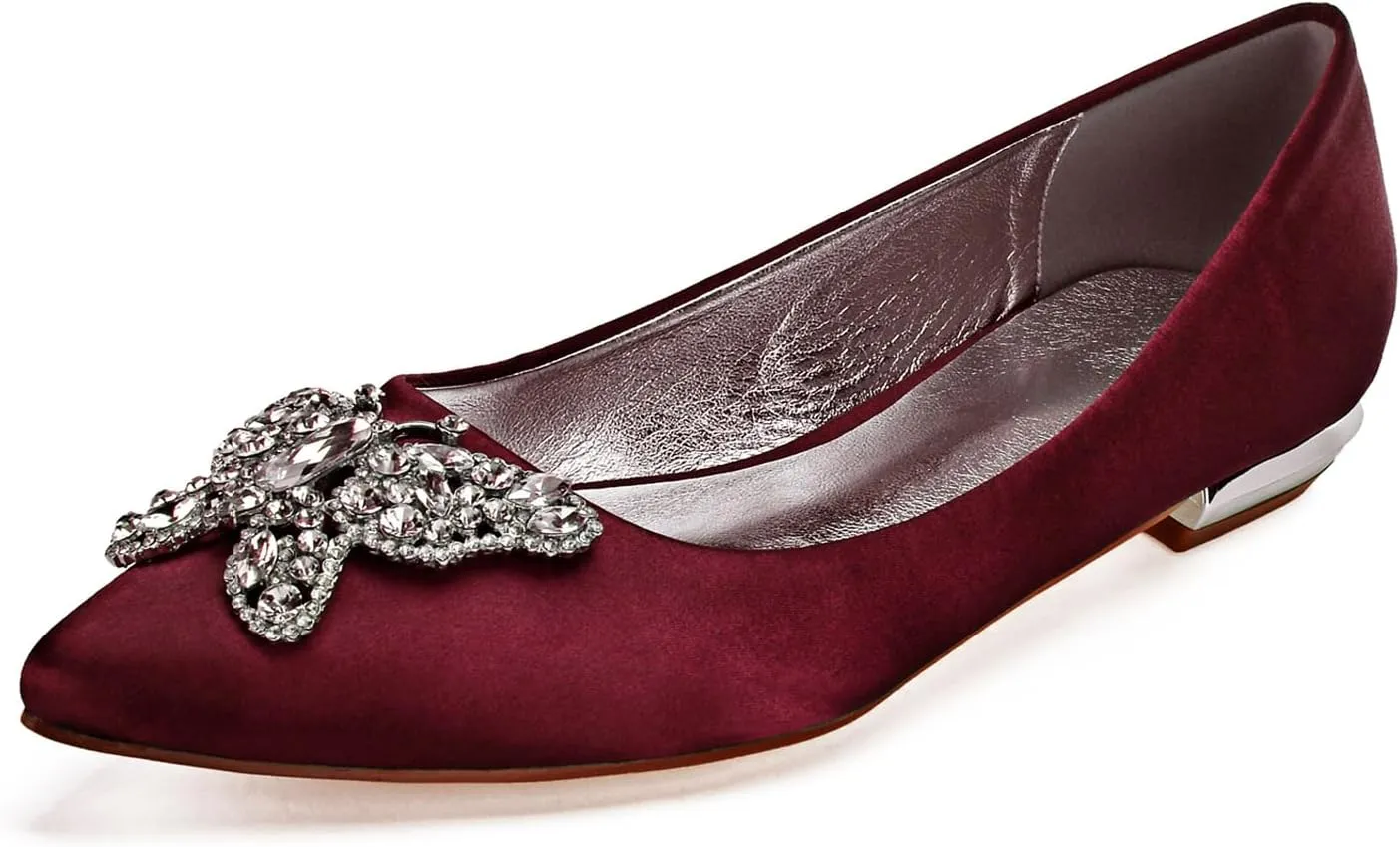 Women's Closed Toe Satin Wedding Flats for Bridal Shoes Ballet Flats Evening Prom Party Bridal Dress Shoes Rhinestone Satin Wedding Dress Shoes