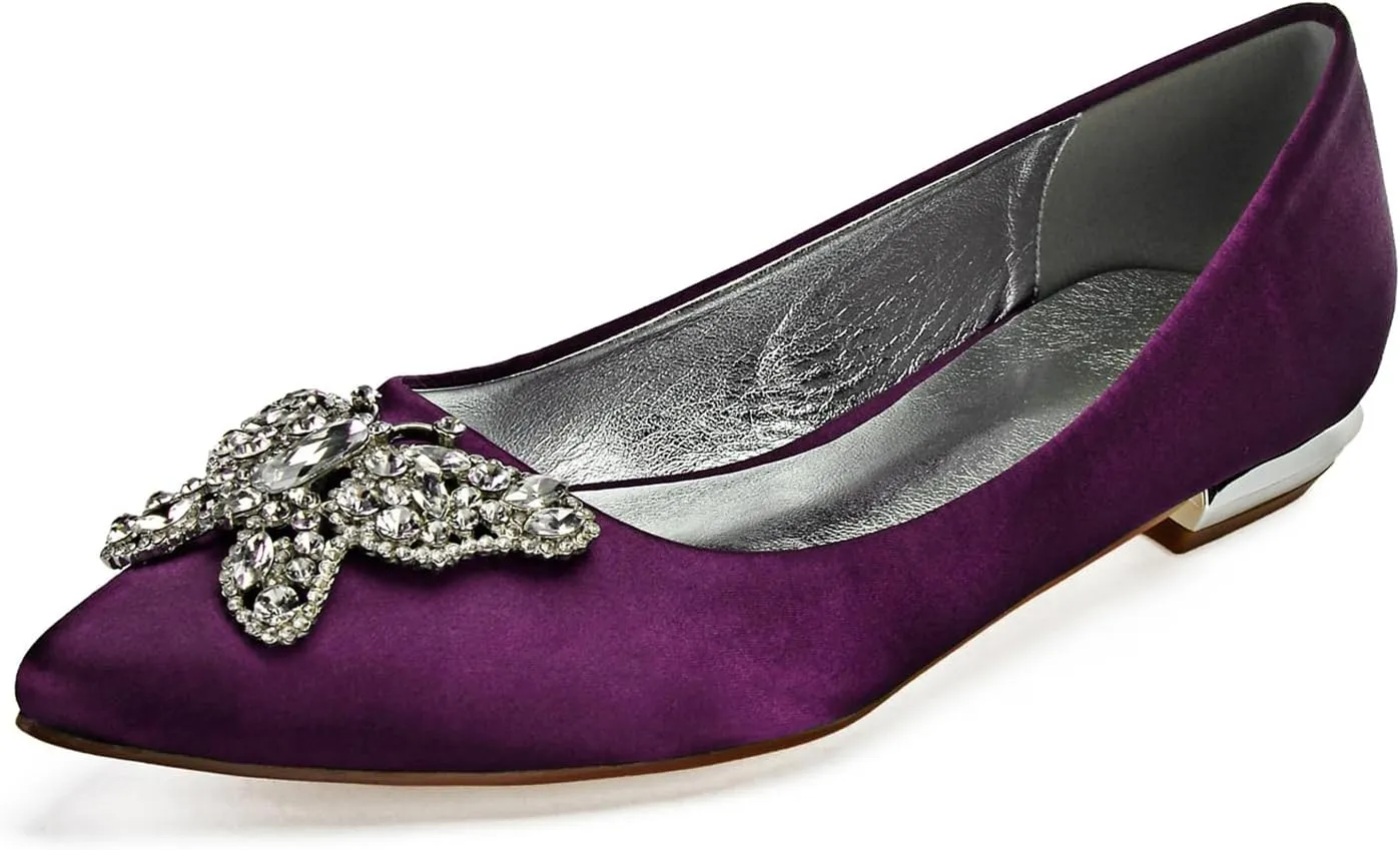 Women's Closed Toe Satin Wedding Flats for Bridal Shoes Ballet Flats Evening Prom Party Bridal Dress Shoes Rhinestone Satin Wedding Dress Shoes