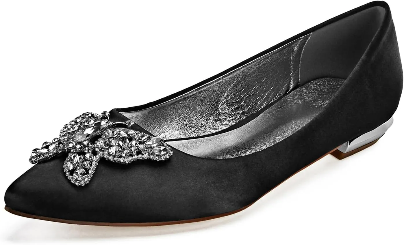 Women's Closed Toe Satin Wedding Flats for Bridal Shoes Ballet Flats Evening Prom Party Bridal Dress Shoes Rhinestone Satin Wedding Dress Shoes