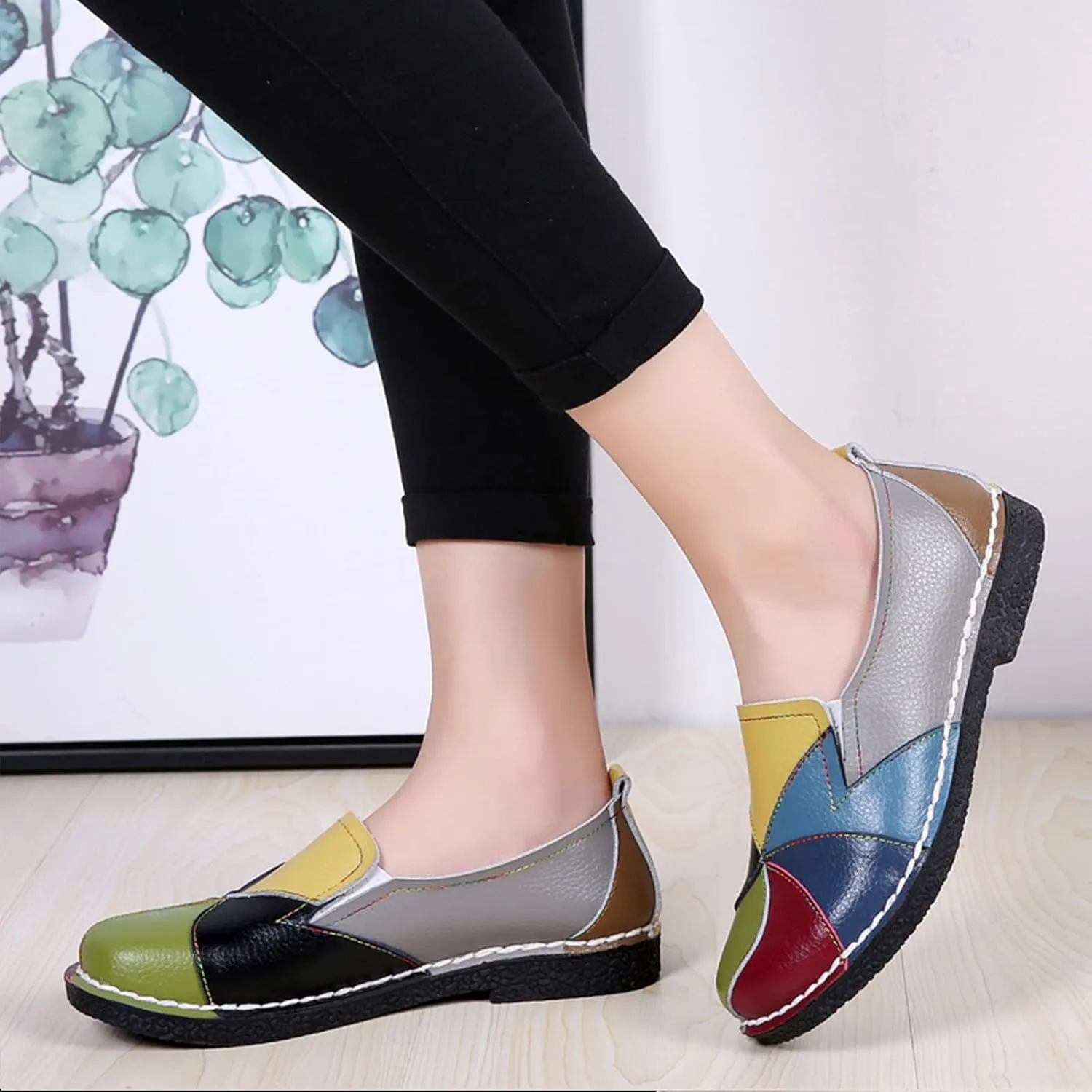 Women's Comfort Shoes Slip-on Flats Colorblock Leather Non-Slip Soft Sole Flat Hand-Stitching Casual Walking Loafers