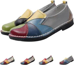 Women's Comfort Shoes Slip-on Flats Colorblock Leather Non-Slip Soft Sole Flat Hand-Stitching Casual Walking Loafers