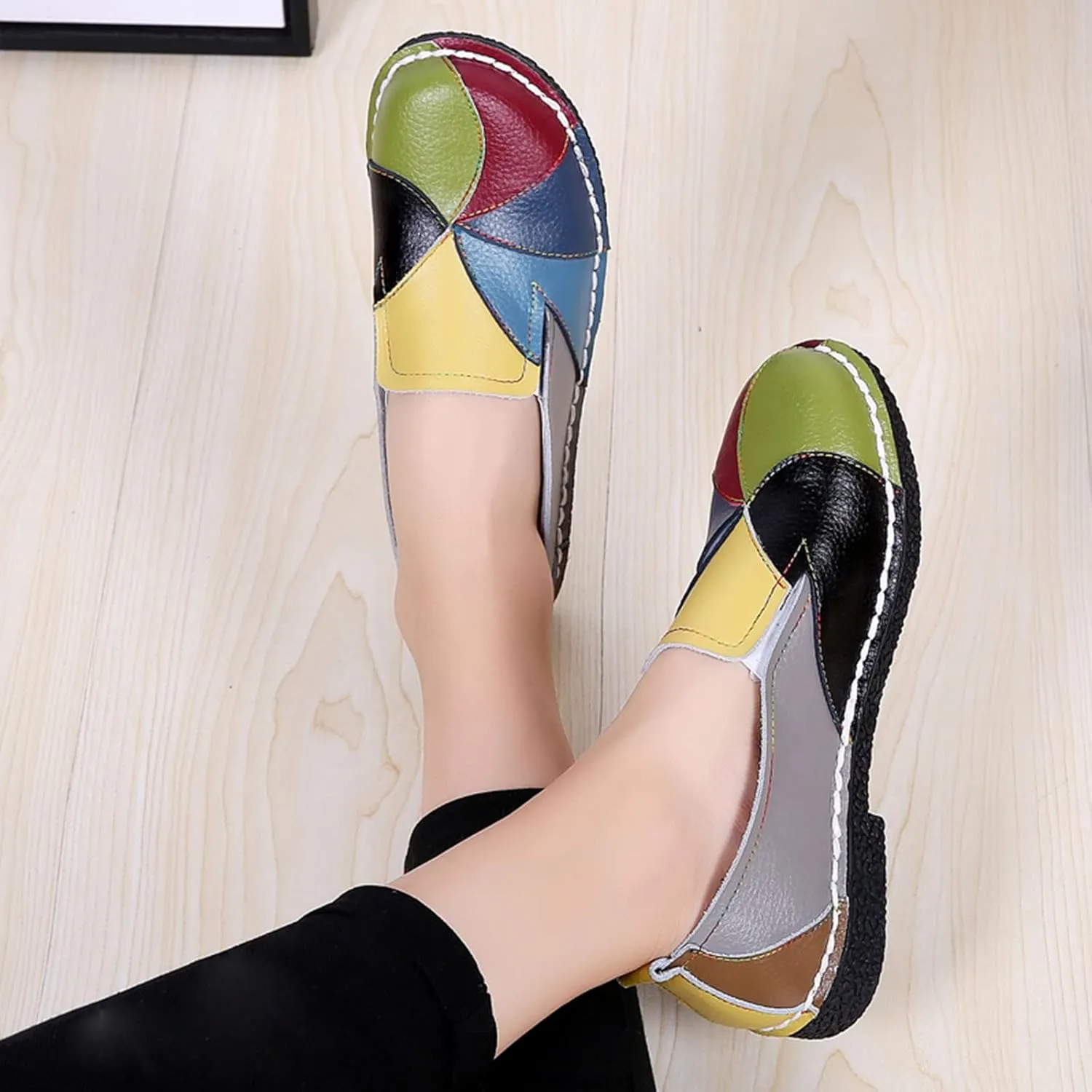 Women's Comfort Shoes Slip-on Flats Colorblock Leather Non-Slip Soft Sole Flat Hand-Stitching Casual Walking Loafers