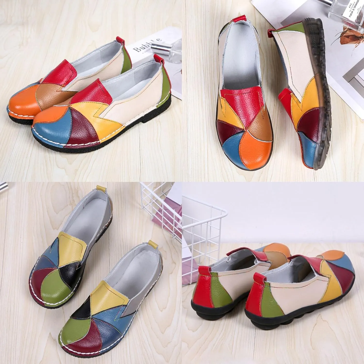 Women's Comfort Shoes Slip-on Flats Colorblock Leather Non-Slip Soft Sole Flat Hand-Stitching Casual Walking Loafers