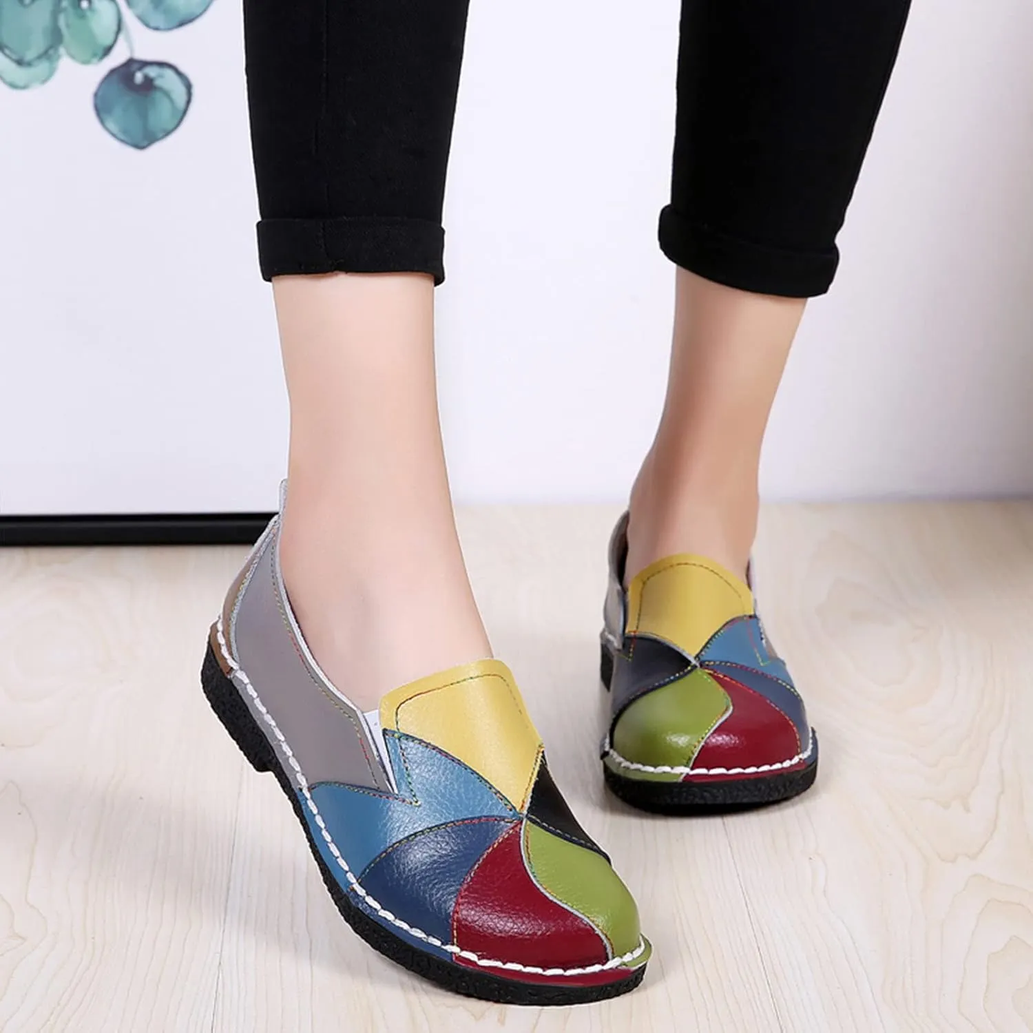 Women's Comfort Shoes Slip-on Flats Colorblock Leather Non-Slip Soft Sole Flat Hand-Stitching Casual Walking Loafers